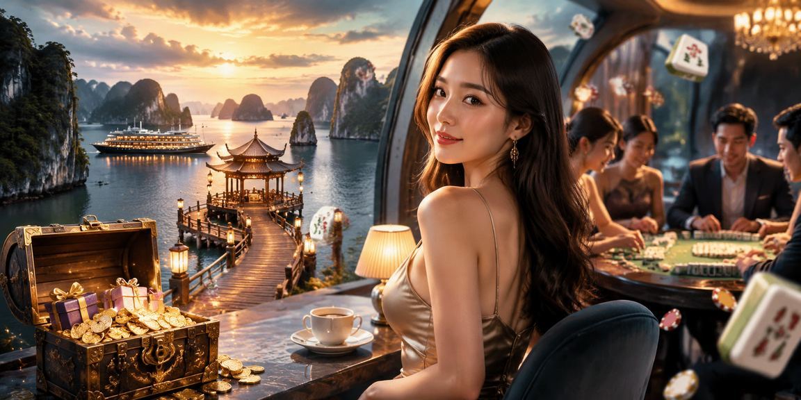 Người dùng chơi bài game trực tuyến bên vịnh Hạ Long với ly cà phê – trải nghiệm mobile
